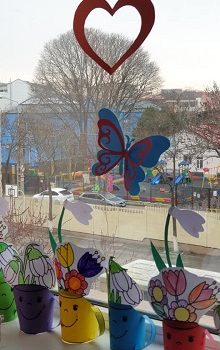 Ceșcuțe cu flori la fereastra clasei noastre…